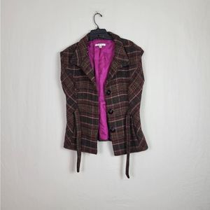 Cabi 'Cinch It Up' Wool Tweed Plaid Tie Vest Sleeveless Jacket.